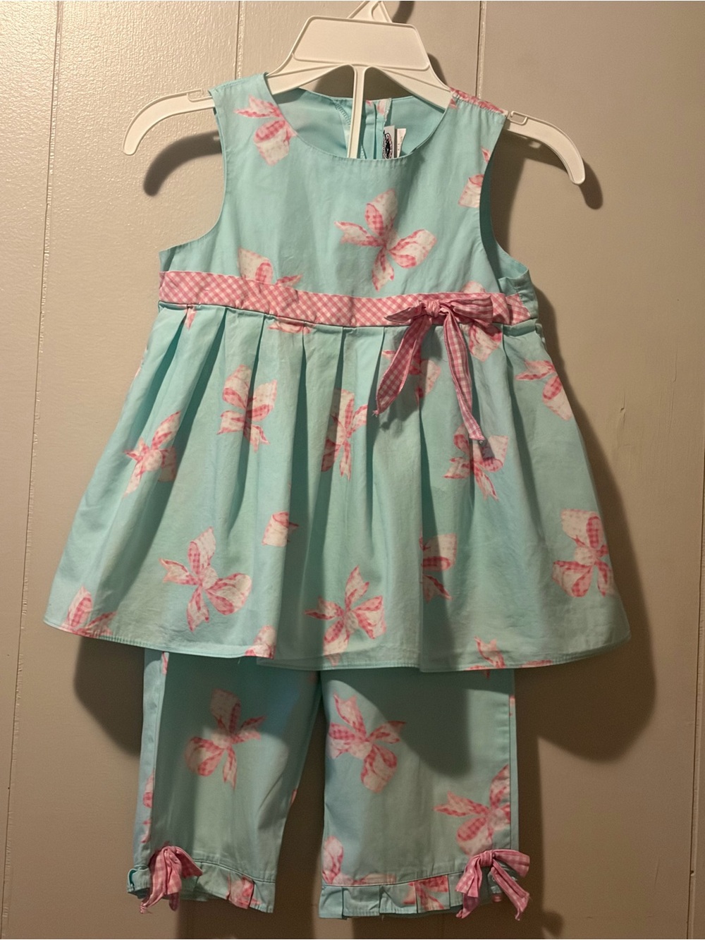 Good Lad Aqua Bow Print Tunic & Capri Set with Pink Gingham Bows